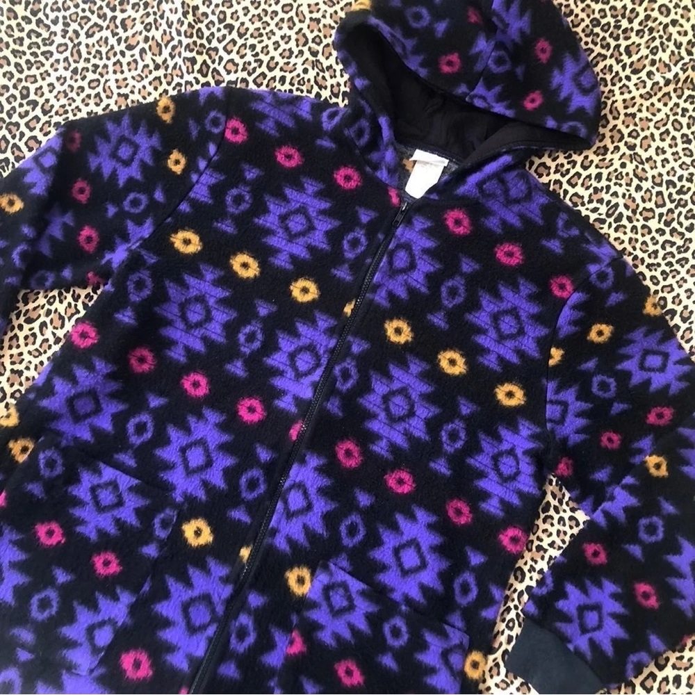 Vintage Southwest Hoodie Teddy Fleece USA Made Aztec Fuzzy Printed Small Pockets